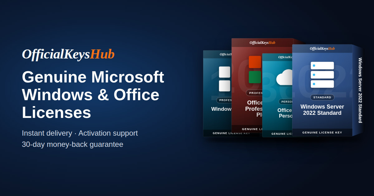 Official Keys Hub — genuine Windows and Office license boxes with instant delivery, activation support and a 30-day money-back guarantee
